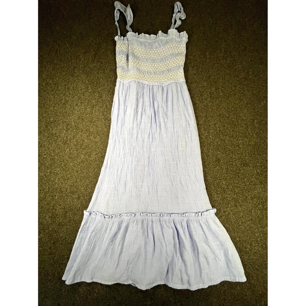 AUW Smocked Midi Dress Women Medium Light Blue Fit & Flare Sleeveless Ruffle Hem